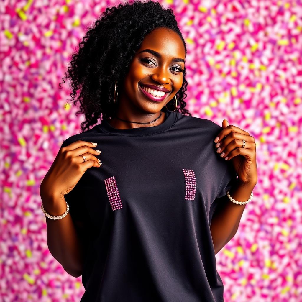 Tammi holding one of her handmade bedazzled tees